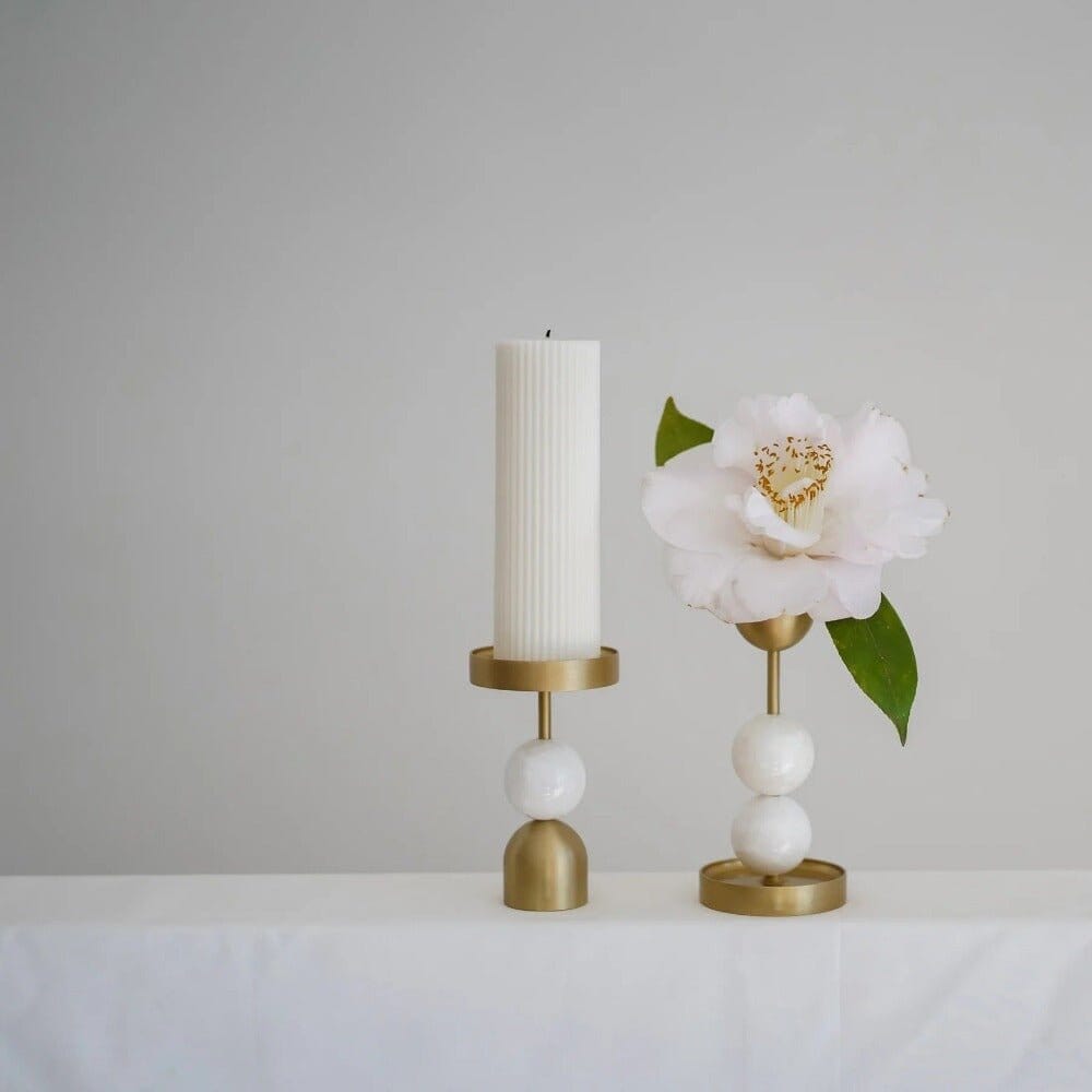 Beaded Fountain Brass Candle Holder - White - Toast and honey studio